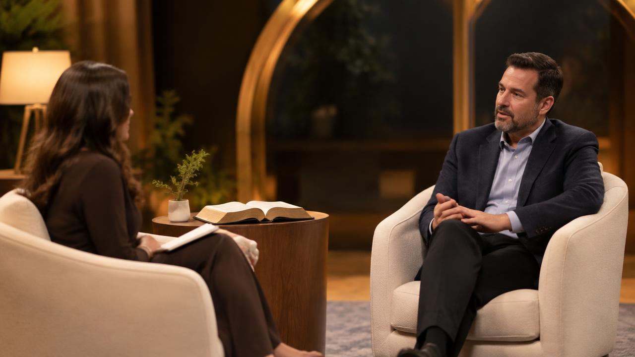 Host in conversation with a guest on the IHNM set