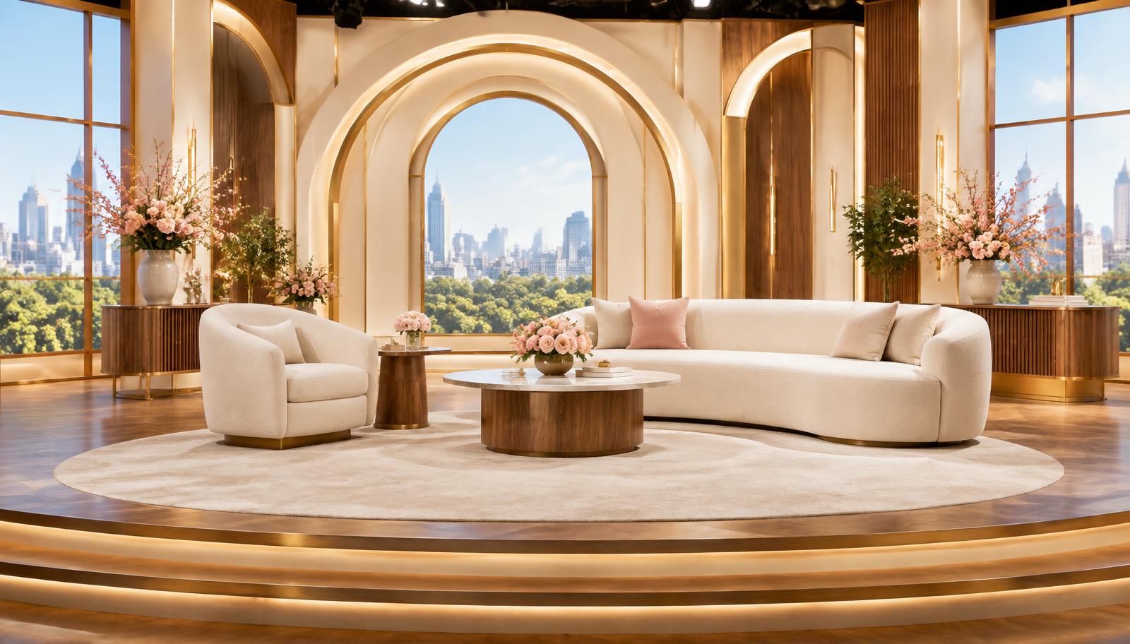 The IHNM Show set: a cream armchair and curved sofa in front of an arched ivory-and-gold backdrop under soft lighting.
